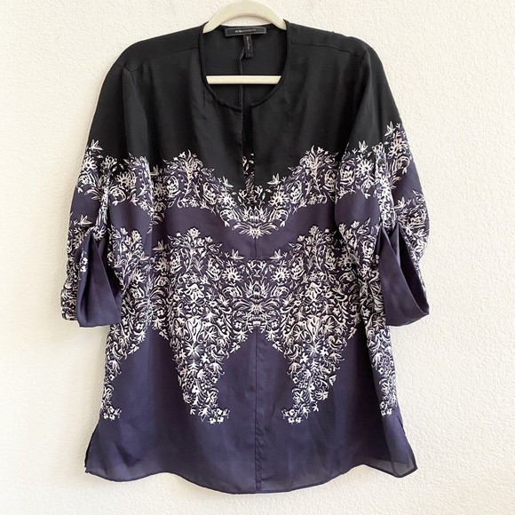 BCBGMaxazria Print Boho Top Black Navy Blue White Floral Paisley Roll Tab Size L - Picture 2 of 11